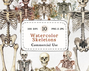 Watercolor Skeleton Clipart Set – Mystical Halloween Graphics (Digital Download)
