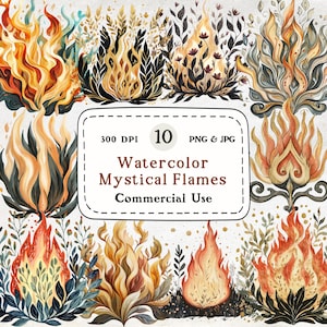 Mystical Flames - 10 Watercolor Fire Clipart Bundle, Magic Fire PNG, Witchy Flame Art, Fantasy Element Illustration, 300 DPI, Commercial Use