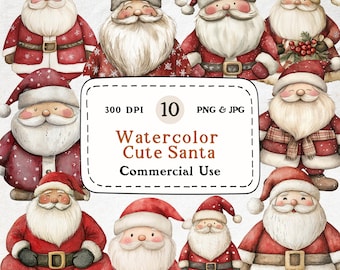 Cute Santa - 10 Watercolor Clipart Set, Cute Santa Clip Art, Winter Clipart, Christmas, Santa Claus, 300 DPI, Scrapbooking, Commercial Use