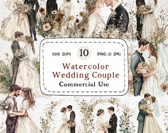 Watercolor Wedding Couple Clipart – Bride and Groom PNG, Floral Illustrations (Digital Download)