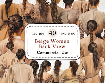 Watercolor Women Clipart Set – 40 Beige Back View Illustrations (Digital Download)