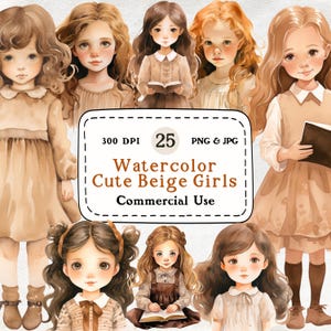 Süße kleine Mädchen - 25 Aquarell Clipart-Set, Kinderillustrationen, Kinderzimmer-Kunst, neutrale Beige-Farben, Cottagecore PNG, kommerzielle Nutzung
