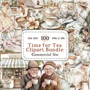Time for Tea - 100 Watercolor Clipart Set, Tea Time Clipart, Tea Party, Tea Illustrations, Cottagecore Tea Set, Tea Lover Graphics, Cozy Tea
