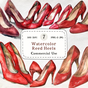 Women&#39;s Red Heels - 7 Watercolor Clipart Set, Fashion Clipart, Lady&#39;s Shoes PNG, 300 DPI, Digital Download, Scrapbooking, Commercial Use