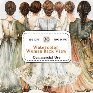 Achteraanzicht vrouwen-20 aquarel clipartset, vrouw clipart, Cottagecore PNG, 300 DPI, digitale download, scrapbooking, commercieel gebruik