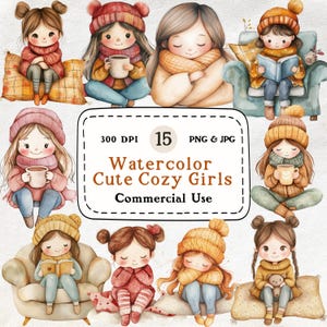 Süße gemütliche Mädchen - 15 Aquarell Clipart Set, Herbst Mädchen Illustrationen, Winter Mädchen, warme Getränke und Decken
