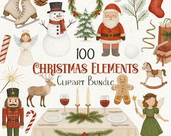 100 Christmas & Winter Clipart Bundle, Watercolor Xmas Elements