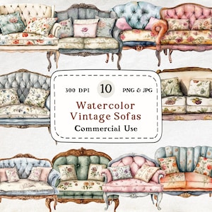 Vintage Sofa - 10 Aquarell Clipart Set, Möbel Clipart, Dekor Illustration, 300 DPI, digitaler Download, Scrapbooking, kommerzielle Nutzung