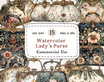 Clipart de bolso de señora en acuarela: 15 ilustraciones de bolsos victorianos (descarga digital)
