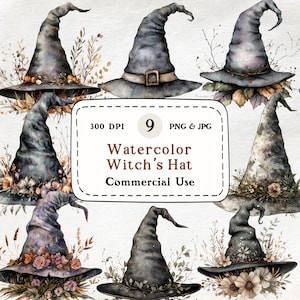 Witch's Hat - 9 Watercolor Clipart Set, Witch Hat Clipart, Magic Hat, Fantasy, Halloween Hat, Witch Costume Clip Art, Digital Download