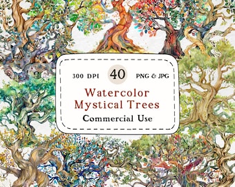 Watercolor Tree Clipart Set – Mystical Forest Graphics (Digital Download)