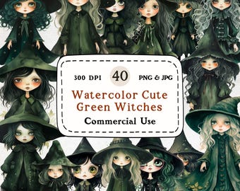 Watercolor Green Witch Clipart Set – 40 Fantasy Graphics (Digital Download)