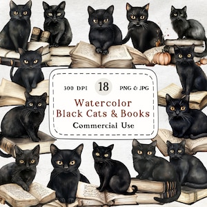 18 Watercolor Black Cats & Books Clipart Bundle, Witch&#39;s Familiar, Magical Cat Illustrations, Whimsical Autumn Cats, Witchy Fall Clipart