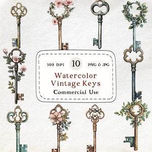 Vintage Keys - 10 Watercolor Clipart Set, Antique Key Illustration, Victorian Style Keys, Rustic Clip Art, Skeleton Key, Commercial Use
