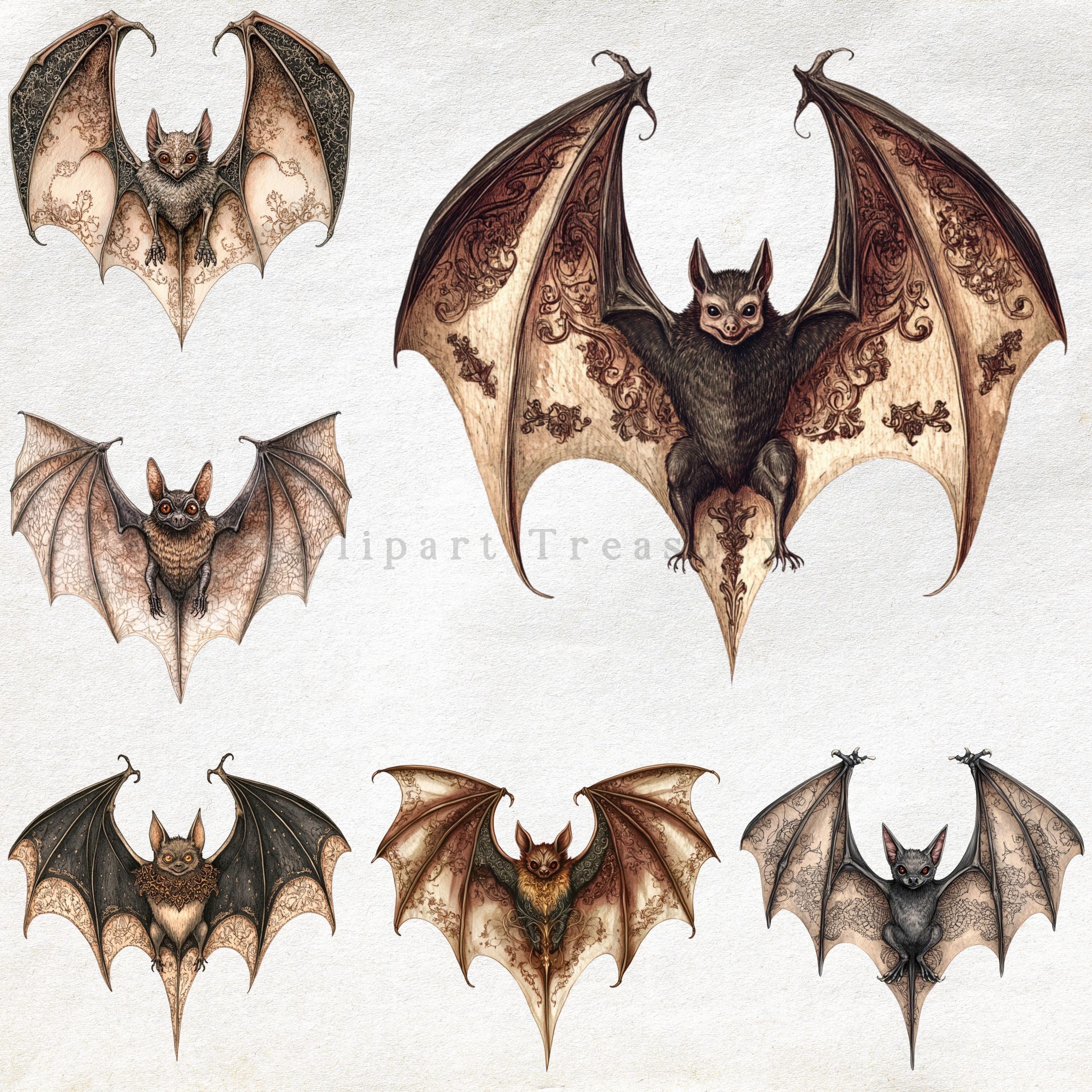Magical Bats - 6 Watercolor Clipart Set, Bat Clipart, Whimsical, Animal ...