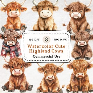かわいいハイランド牛 - 8 つの水彩クリップアート セット、牛のクリップアート、かわいい動物のクリップアート、300 DPI、デジタル ダウンロード、スクラップブッキング、商用利用