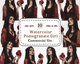 Dark Goddess Clipart – Watercolor Persephone, Gothic Pomegranate (PNG JPG)