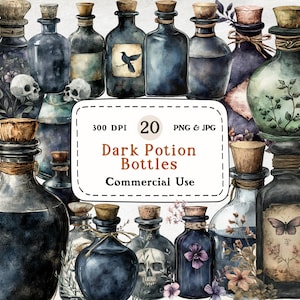 May include: A set of 20 dark potion bottles with various designs, including skulls, butterflies, and plants. The bottles are painted in a watercolor style with a dark blue and purple color scheme. The image includes the text "300 DPI 20 PNG & JPG Dark Potion Bottles Commercial Use".