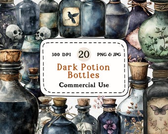 Watercolor Potion Bottle Clipart – Mystical Witchcraft PNG, Commercial Use (20 Files)