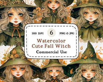 Watercolor Fall Witch Clipart – Autumn Green, Commercial Use (Digital Download)