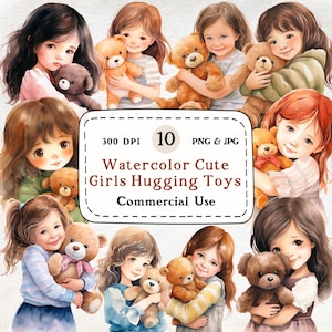 Girls Hugging Teddy Bears - 10 Watercolor Clipart Set, Cute Girl, Teddy Bear, Nursery Art, Children&#39;s, Digital Download, Commercial Use