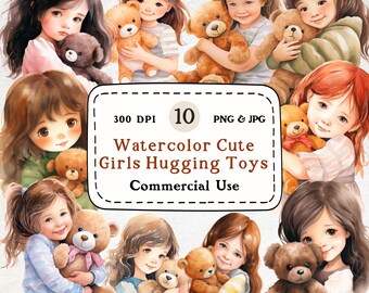 Clipart de Niñas y Ositos de Peluche en Acuarela - Arte Infantil (Descarga Digital)