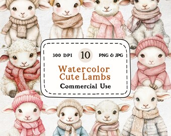 Conjunto de imágenes prediseñadas de corderos en acuarela: 10 adorables animales (descarga digital)