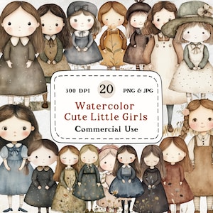 Süße kleine Mädchen - 20 Aquarell Clipart Set, Cottagecore Mädchen, neutrale, weiche Pastellfarben, Boho Papierpuppe, Scrapbooking & Journal PNGs