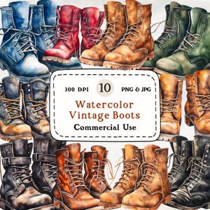 Op de afbeelding: Waterverfillustratie van vintage laarzen in verschillende kleuren, waaronder blauw, rood, bruin en groen. De afbeelding bevat een afbeelding met de tekst "Watercolor Vintage Boots Commercial Use."