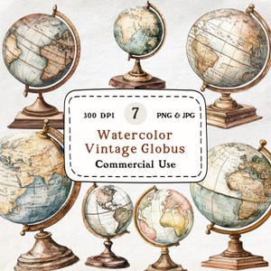 Può includere: Globi vintage ad acquerello in varie dimensioni e angolazioni. I globi presentano un classico design della mappa con toni marroni e blu. L'immagine include il testo: "Watercolor Vintage Globus Commercial Use."