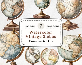 Aquarell Vintage Globe Clipart Bundle, Erde Illustration (kommerzielle Nutzung)