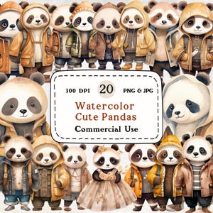 Pandas adorables - Set de 20 imágenes prediseñadas de acuarela, imágenes prediseñadas de pandas adorables, imágenes prediseñadas de animales, 300 DPI, descarga digital, scrapbooking, uso comercial