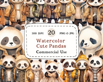 Cute Panda Watercolor Clipart Set – 20 Animal Graphics (Digital Download)
