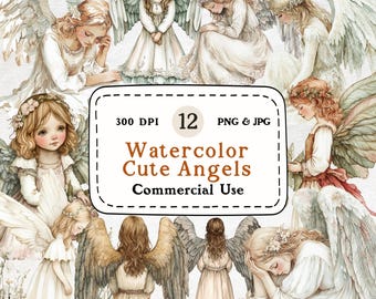 Watercolor Angel Clipart Set – 12 PNG & JPG Illustrations (Digital Download)
