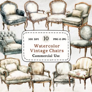 Vintage Chair - 10 Watercolor Clipart, Antique Armchair Illustration Set, French Style Sofa Art, Classic Upholstered Chairs, Commercial Use