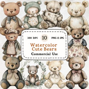 Ursos fofos - Conjunto de 10 clipart em aquarela, clipart de urso fofo, gráficos de urso de brinquedo, ilustração de urso, clipart de animal, natureza, gráficos de vida selvagem