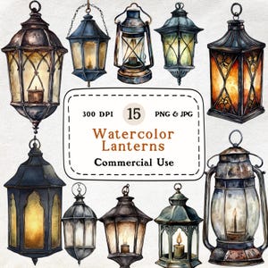 Lantaarns-15 aquarel clipart set, vintage lantaarn PNG, buiten kamperen, Cottagecore esthetiek, donkere lantaarn clipart, digitale download