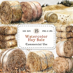 May include: Watercolour illustration of 15 hay bales in various sizes and positions. The bales are a light brown colour and have a rough texture. The image is set against a background of a field with green grass and brown soil. The text "300 DPI 15 PNG & JPG Watercolor Hay Bale Commercial Use" is displayed on a white banner with a black border.