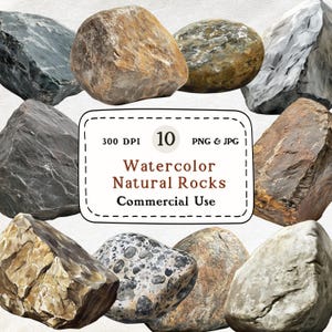 Puede incluir: Una colección de diez rocas naturales en acuarela de diversas formas y colores, incluyendo gris, marrón y beige. La imagen incluye el texto: "Watercolor Natural Rocks Commercial Use."