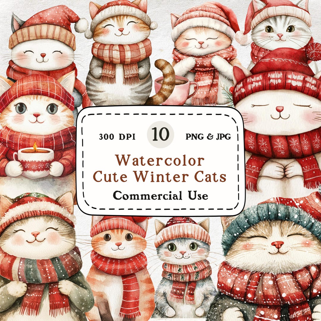 Watercolor Christmas Kitten Clipart Set, Cozy Winter Cat PNG (digital ...