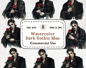 Clipart di vampiri ad acquerello / Ritratti maschili in stile dark gothic (download digitale)