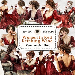 Vrouwen in het rood, wijn drinken-15 aquarel clipart set, wijn clipart, lady met rode wijn, digitale download, scrapbooking, commercieel gebruik