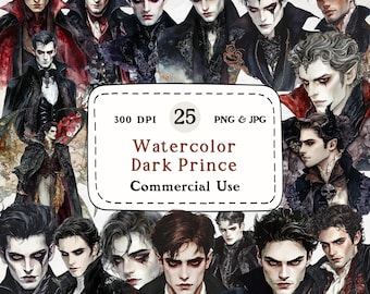 Clipart acquerello del principe vampiro / Ritratti Gothic Dark Academia (PNG e JPG)