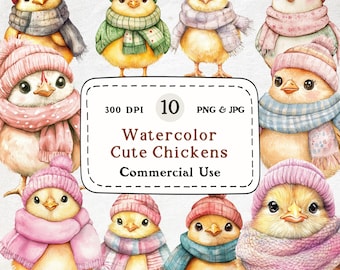 Watercolor Chick Clipart – Baby Animals in Winter Hats (Digital Download)