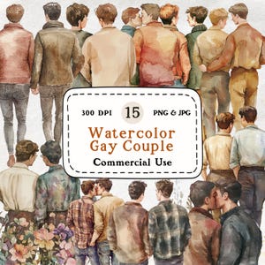 Gay Paar - 15 Aquarell Clipart Set, LGBTQ Liebe, Romantisch, Cottagecore Ästhetik, 300 DPI, Scrapbooking, Junk Journal, Kommerzielle Nutzung