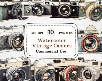 May include: Watercolor illustration of ten vintage cameras in various styles and colors. The image includes text that reads "Watercolor Vintage Camera Commercial Use". The cameras are in shades of black, white, and beige.