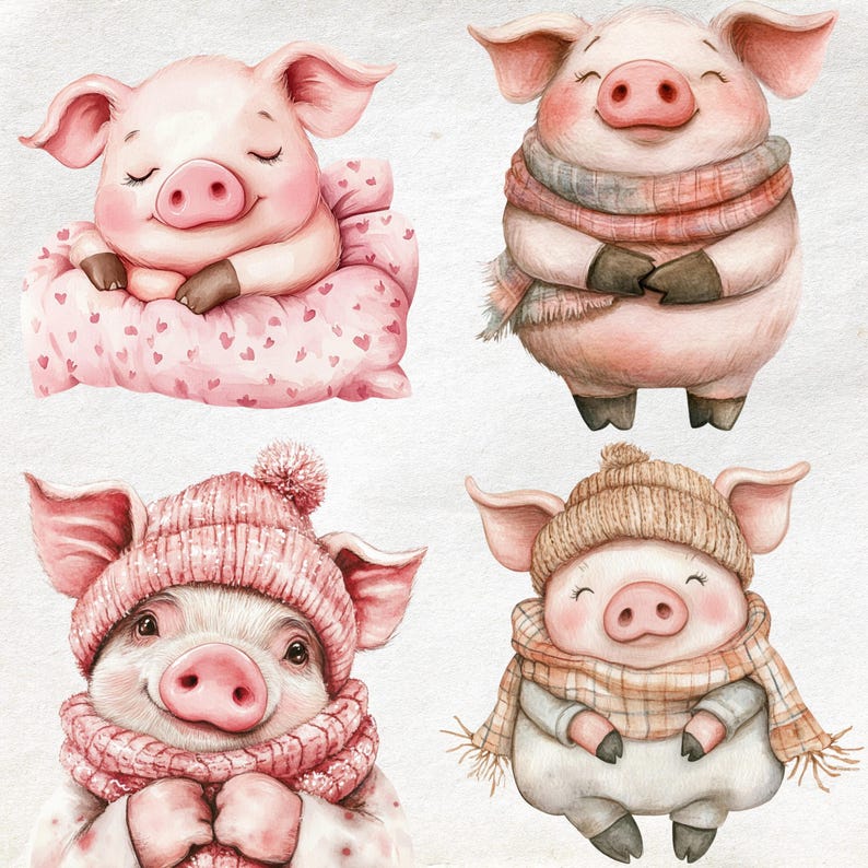 Winter Pig Clipart Set - 10 Watercolor Farm Animal Illustrations, Cozy ...