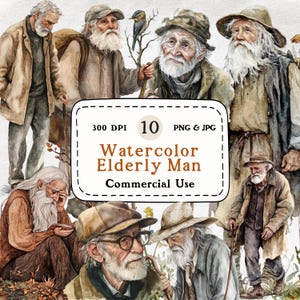 Anciano - Conjunto de 10 imágenes prediseñadas de acuarela, abuelo, anciano viajero, 300 DPI, descarga digital, álbum de recortes, uso comercial