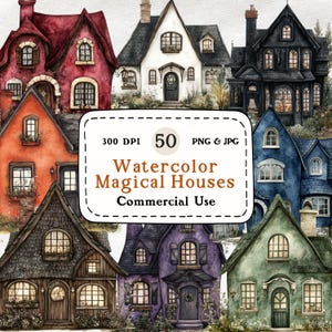Magical Houses - 50 Watercolor Clipart Set, House Clipart, Medieval Fantasy Building Illustration, Fantasy Tavern, Enchanted Cottage Clipart