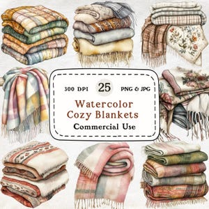 May include: Watercolour illustrations of cosy blankets in various styles and colours, including plaid, floral, and fringed designs. The image includes text that reads "Watercolor Cozy Blankets Commercial Use".